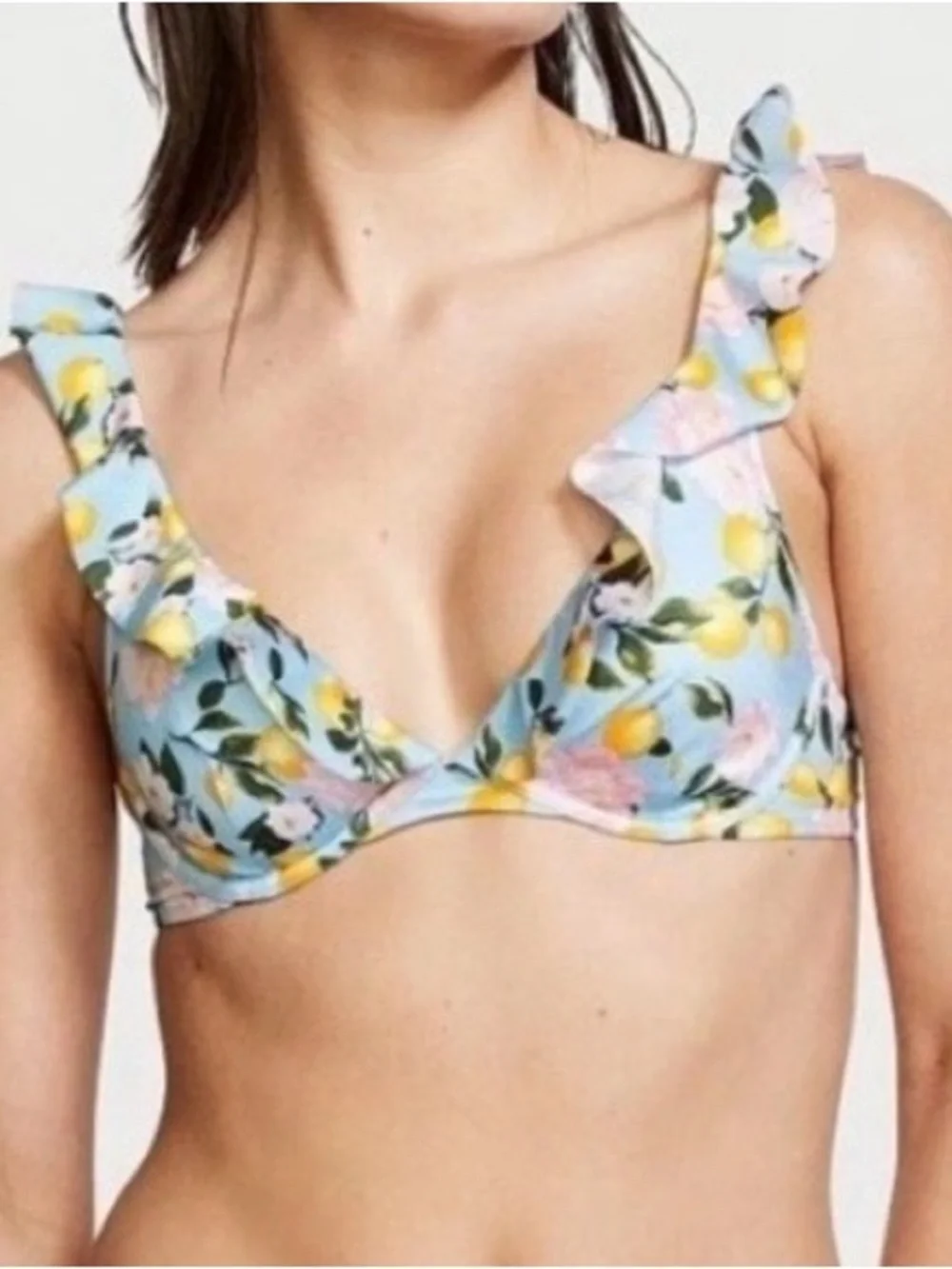 Victoria Secret Lemon Print triangle ruffled Bikini Top- 34DD 👙 🍋